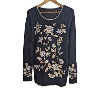 Worthington 90's Black Floral Embroidered Beaded Tunic Sweater Sz L Cottagecore